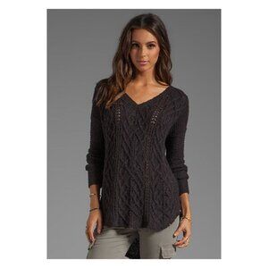 FREE PEOPLE Cross My Heart Cable Knit V-Neck Raw Hem Pullover Sweater